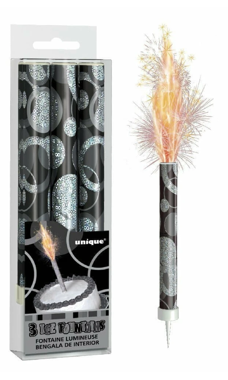 Ice Fountains Candle Black 12cm - 3pk