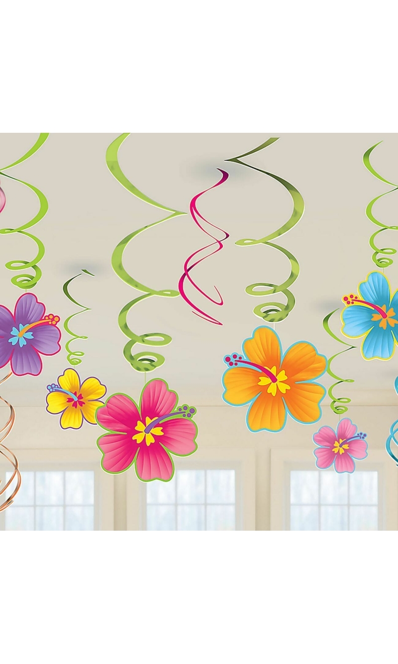 Tropical Colorful Flowers Hanging Swirl Decorations - 12pk