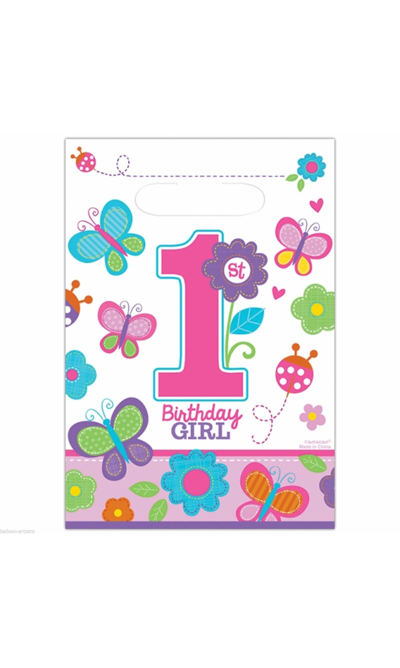 Sweet 1st Birthday Girl Plastic Party Bags - 8pk