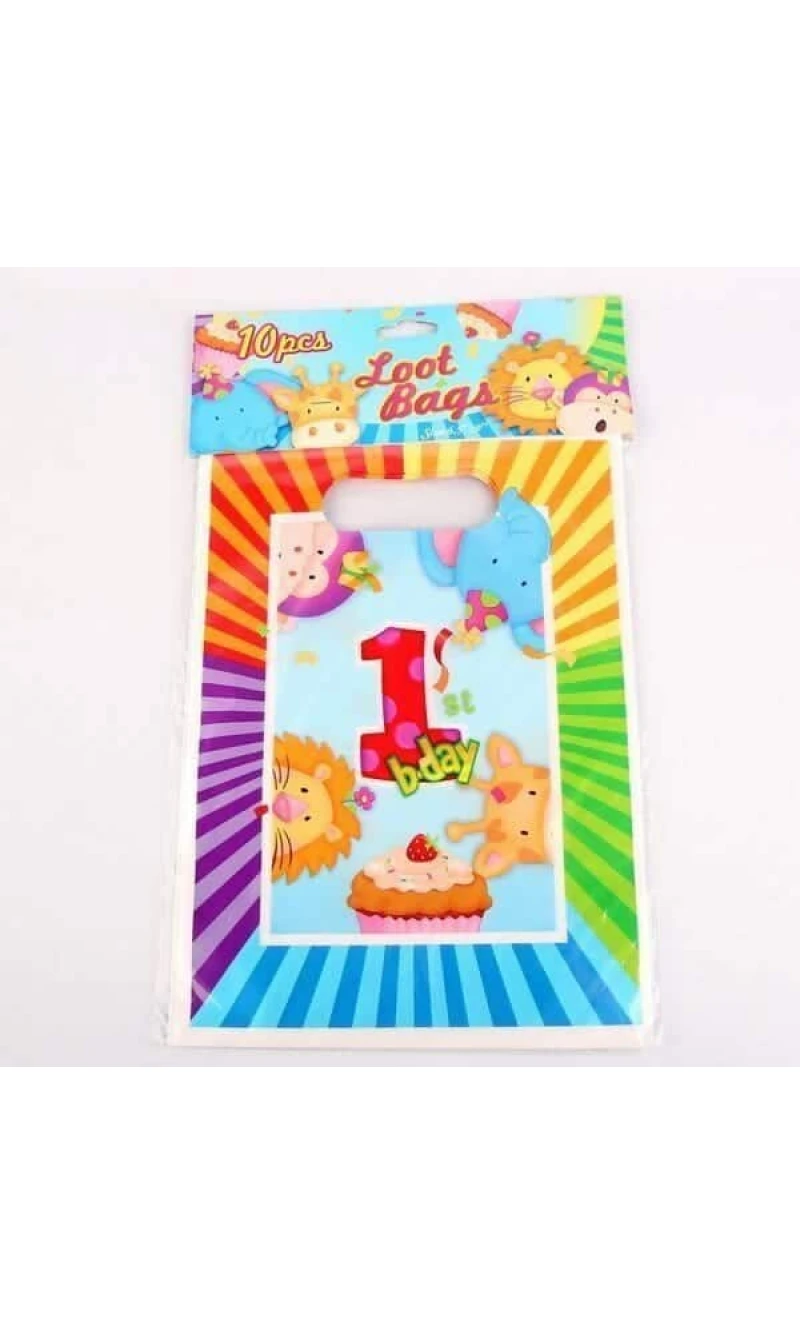 1st Birthday Animals Plastic Party Bags - 10pk