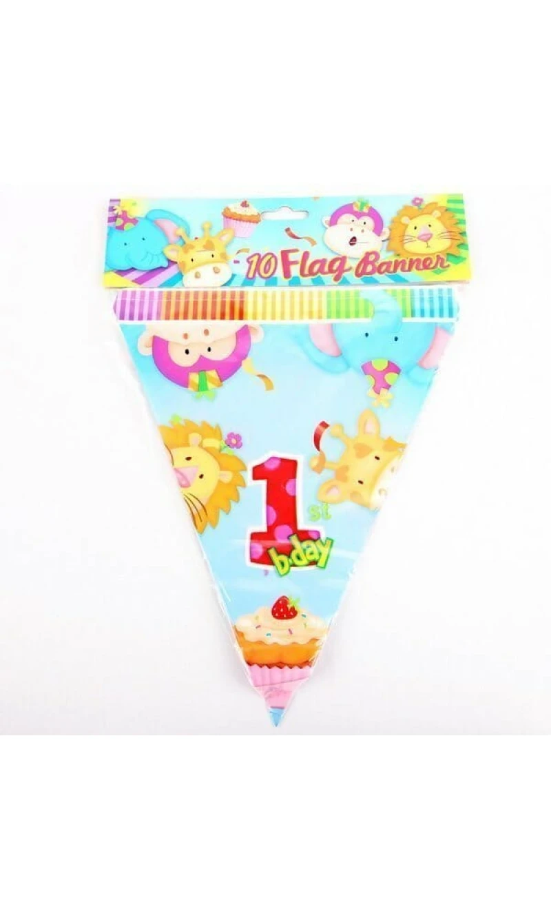 1st Birthday Animals Plastic Flag Banner - 2.2m