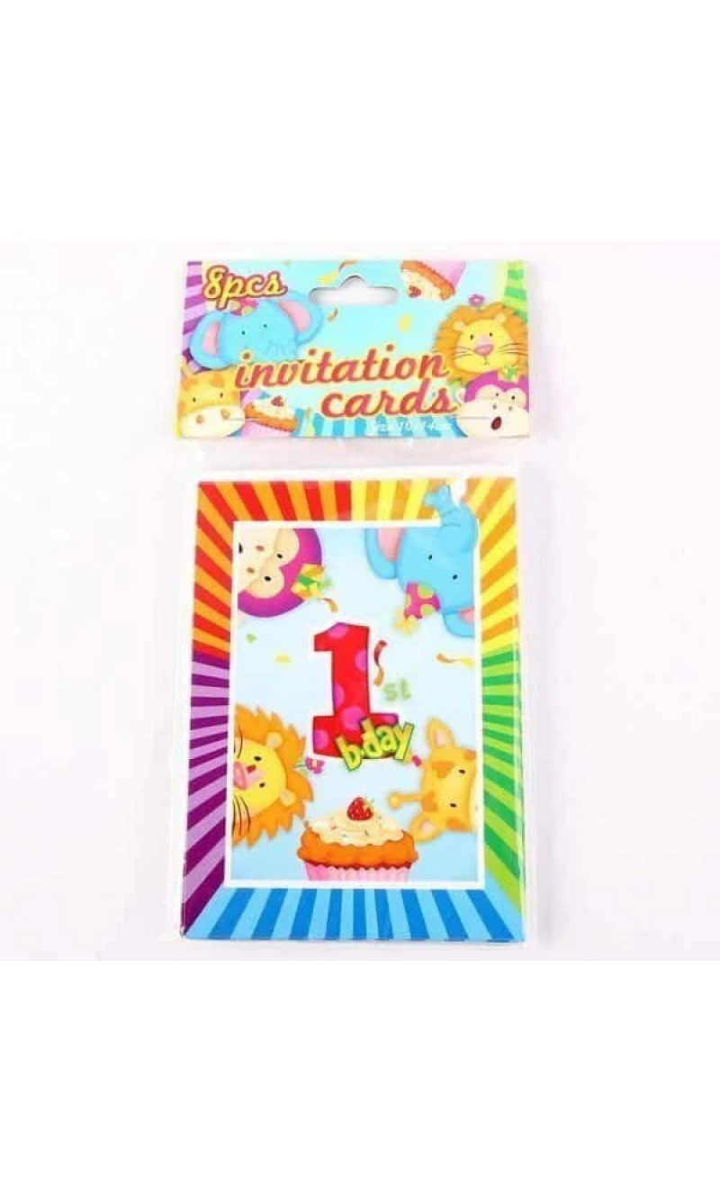 1st Birthday Animals Invitations 10cm x 14cm - 8pk