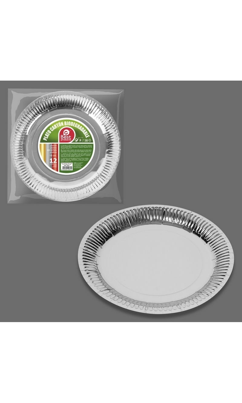 Metallic Silver Round Paper Plates 18cm - 12pk