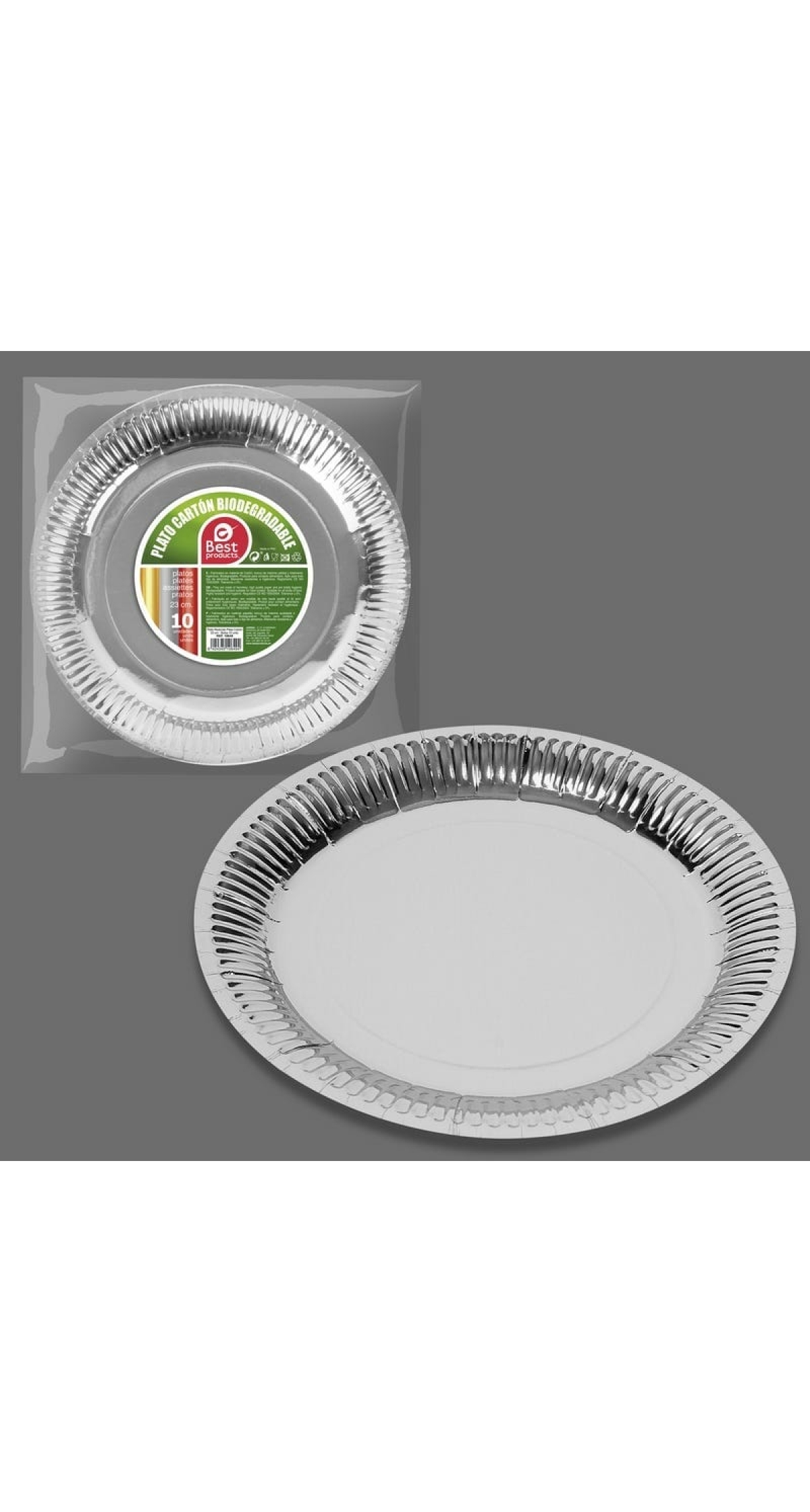 Metallic Silver Round Paper Plates 23cm - 10pk