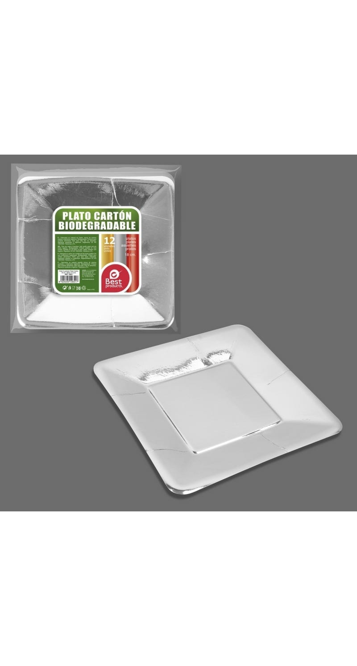 Metallic Silver Square Paper Plate 18cm - 12pk