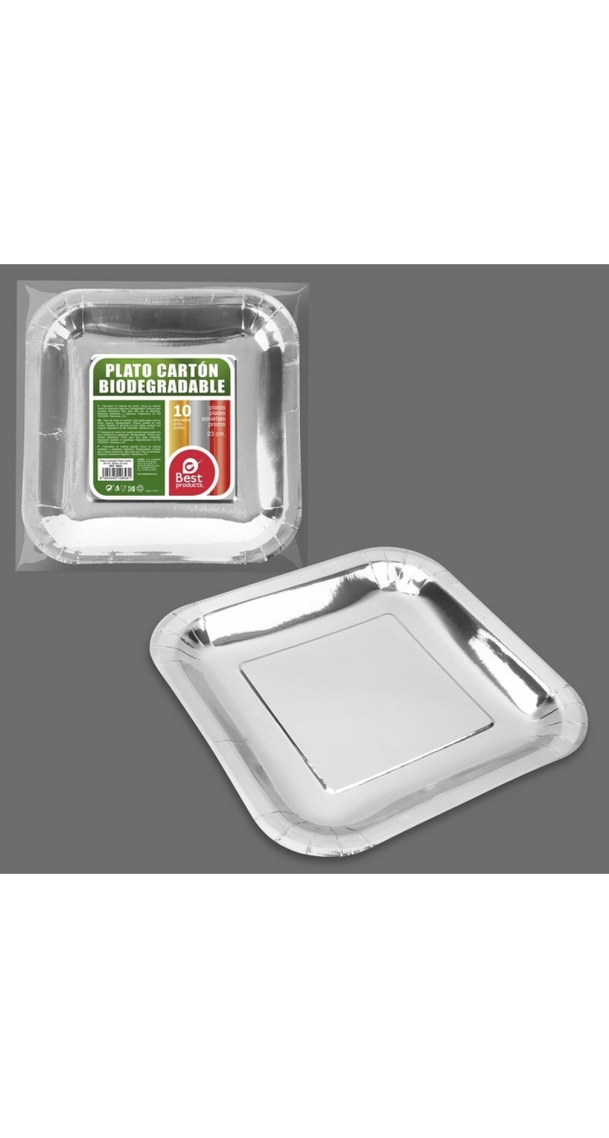 Metallic Silver Square Paper Plate 23cm - 10pk
