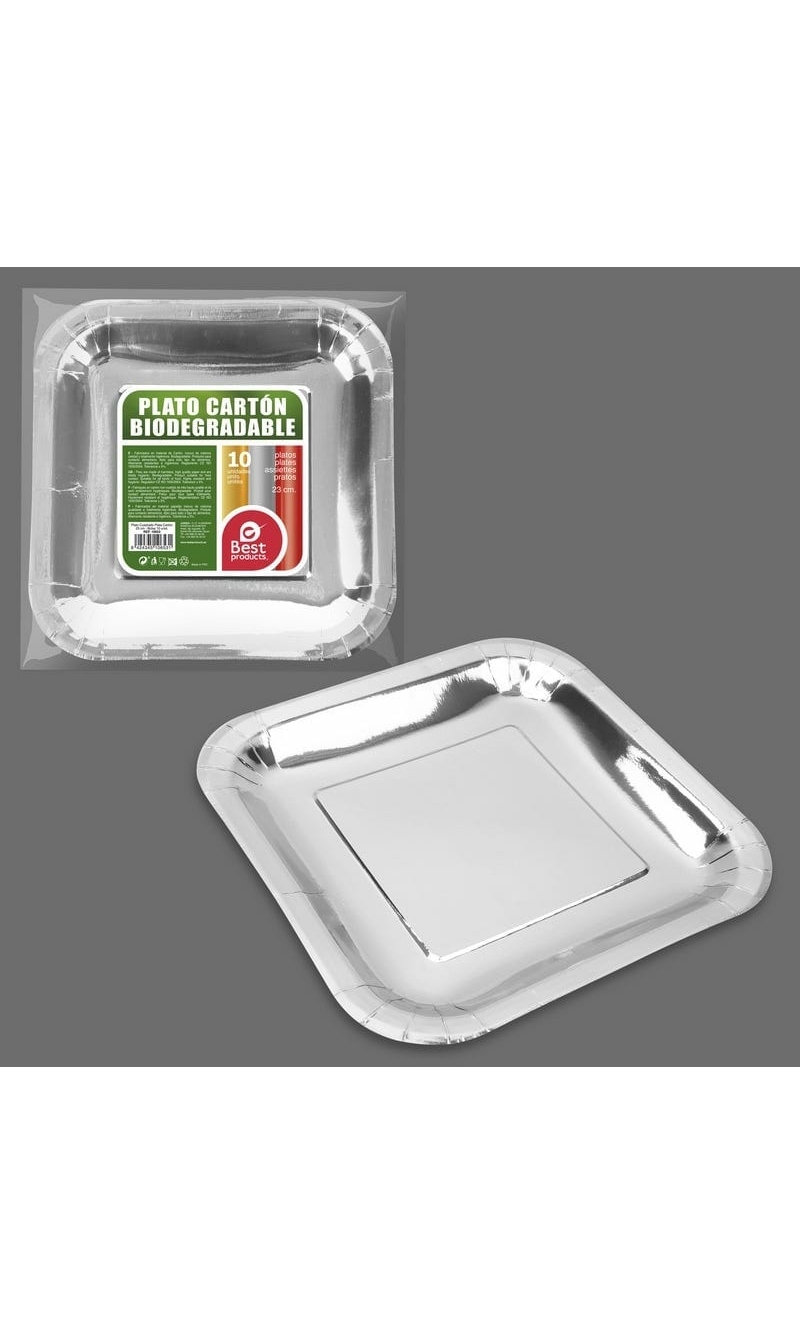 Metallic Silver Square Paper Plate 23cm - 10pk