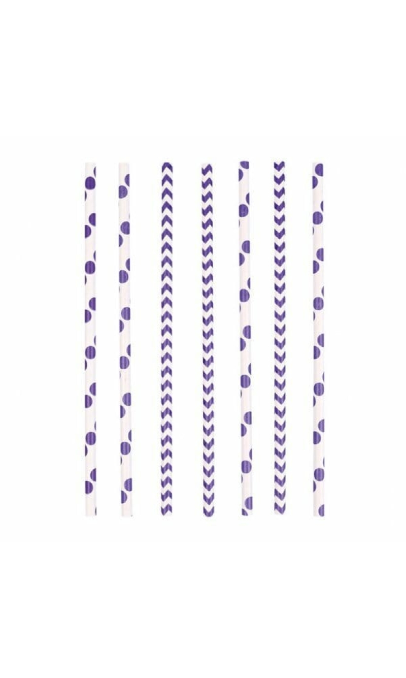 New Purple Dots & Chevron Paper Straws 19.5 cm - 24pk