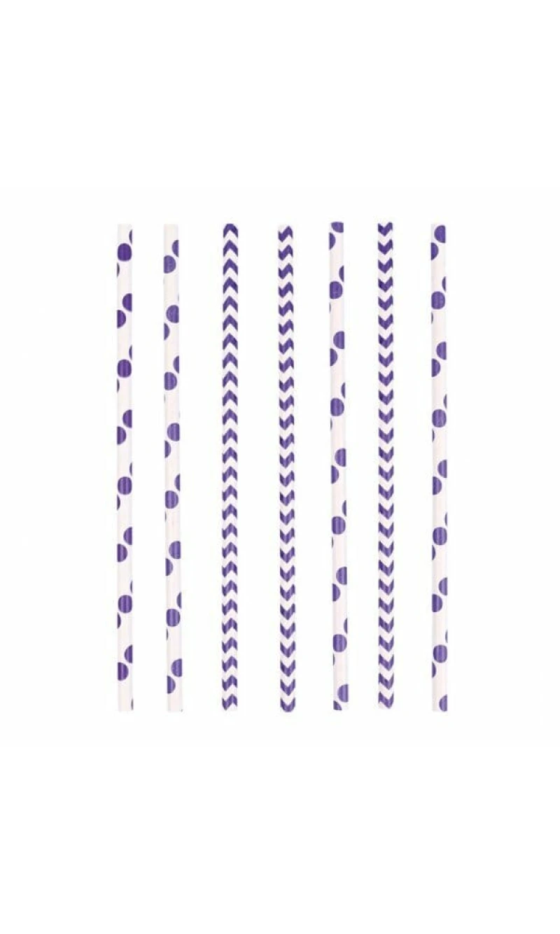 New Purple Dots & Chevron Paper Straws 19.5 cm - 24pk