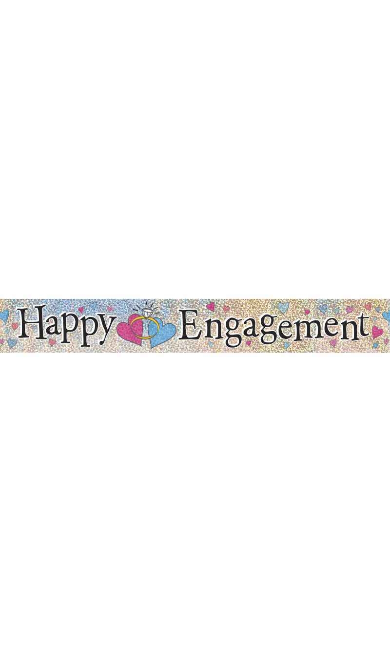 Happy Engagement Sparkly Silver Foil Banner Rings & Hearts - 3.65m