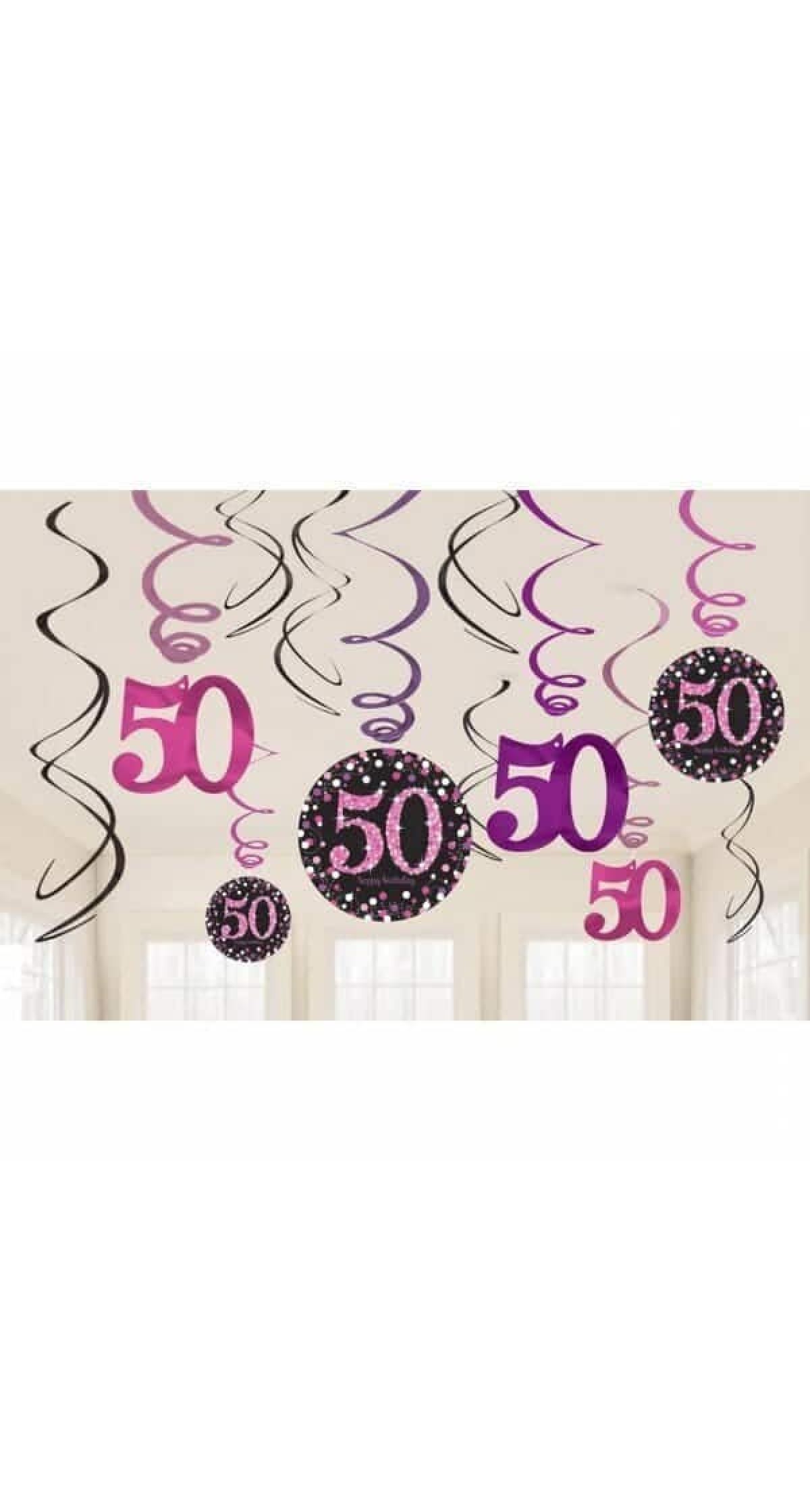 50th Pink Sparkling Celebration Hanging Swirl Decorations - 12pk