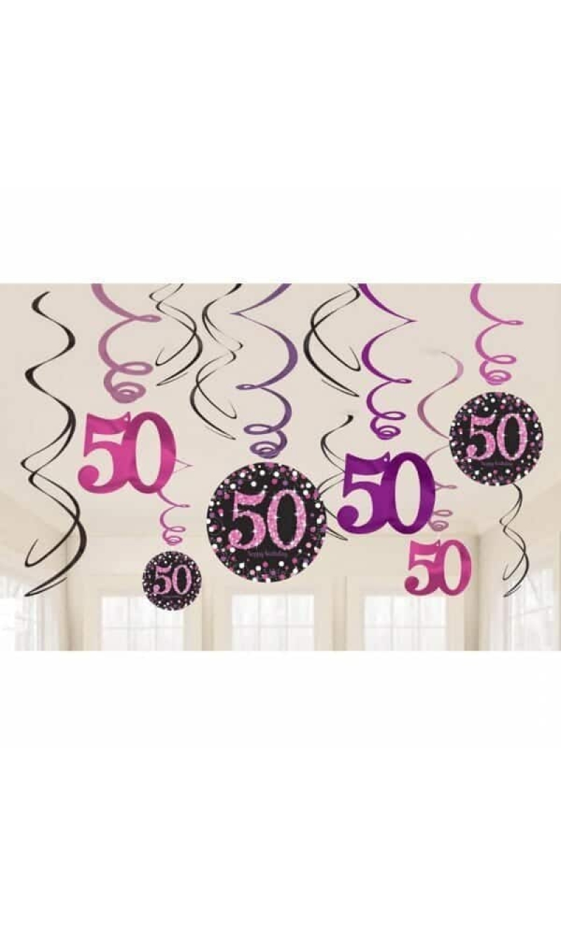 50th Pink Sparkling Celebration Hanging Swirl Decorations - 12pk