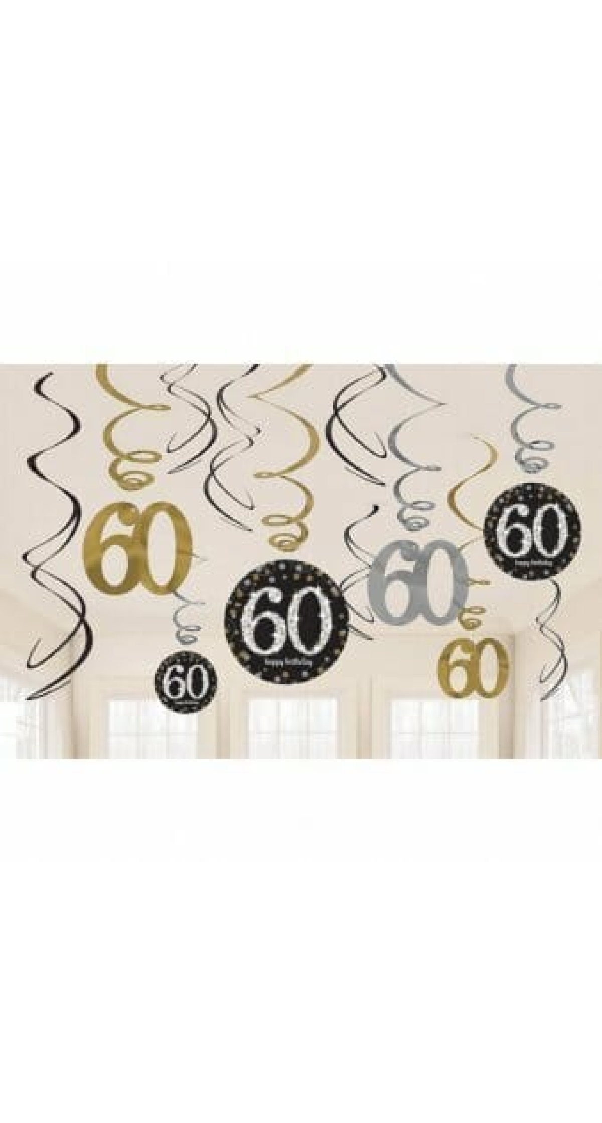60th Gold/Silver Sparkling Celebration Hanging Swirl Decorations - 12pk