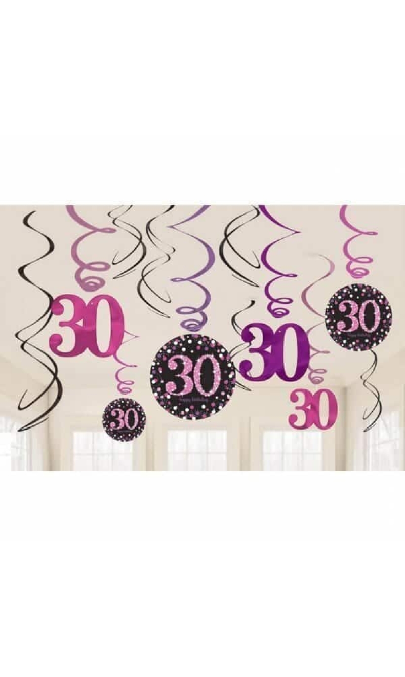 30th Pink Sparkling Celebration Hanging Swirl Decorations - 12pk