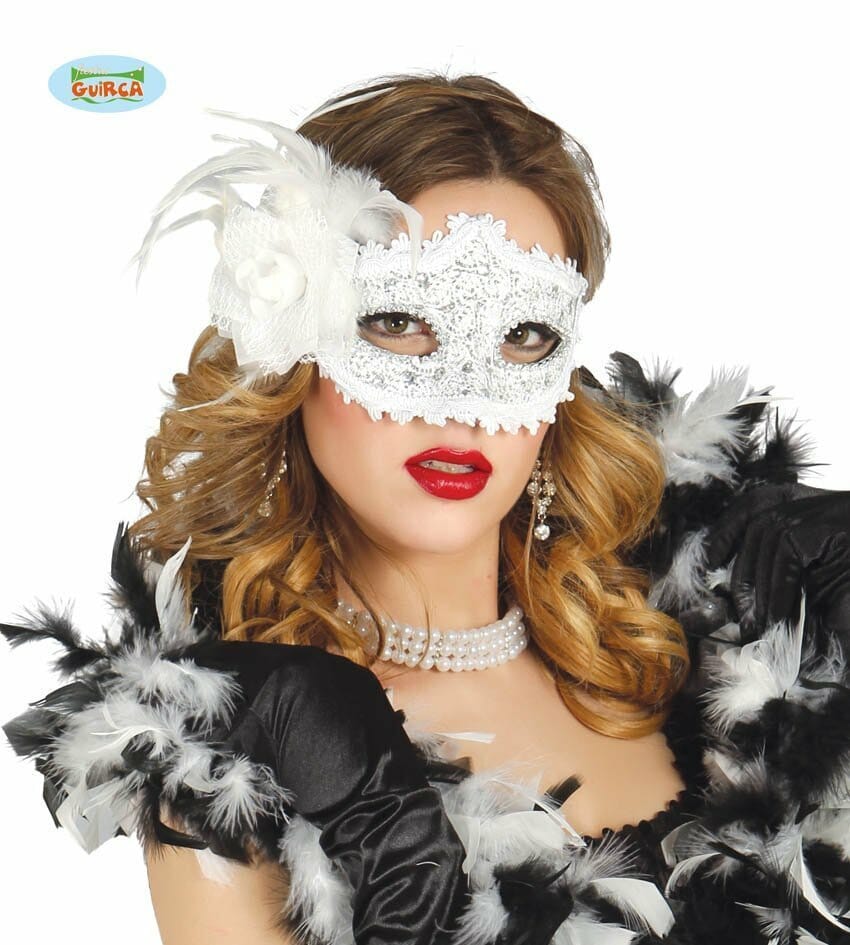 Venetian Rose White & Silver Mask (Antifaz Con Rosa ) - Adult One Size