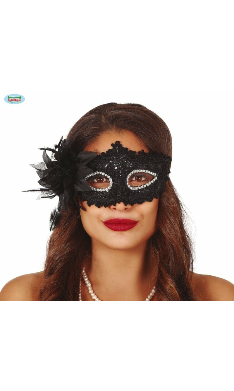 Venetian Black Mask With Flower - Adult One Size