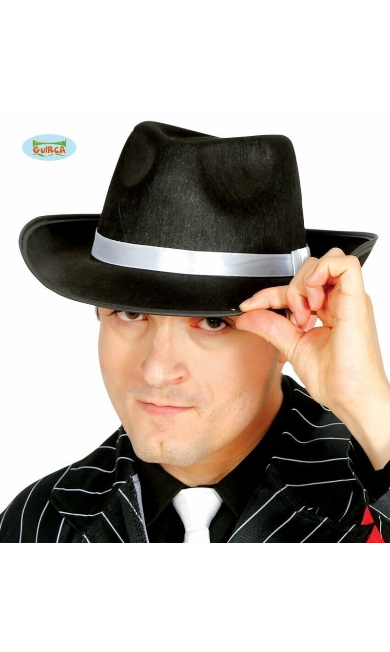 Black Gangster Hat With White Ribbon