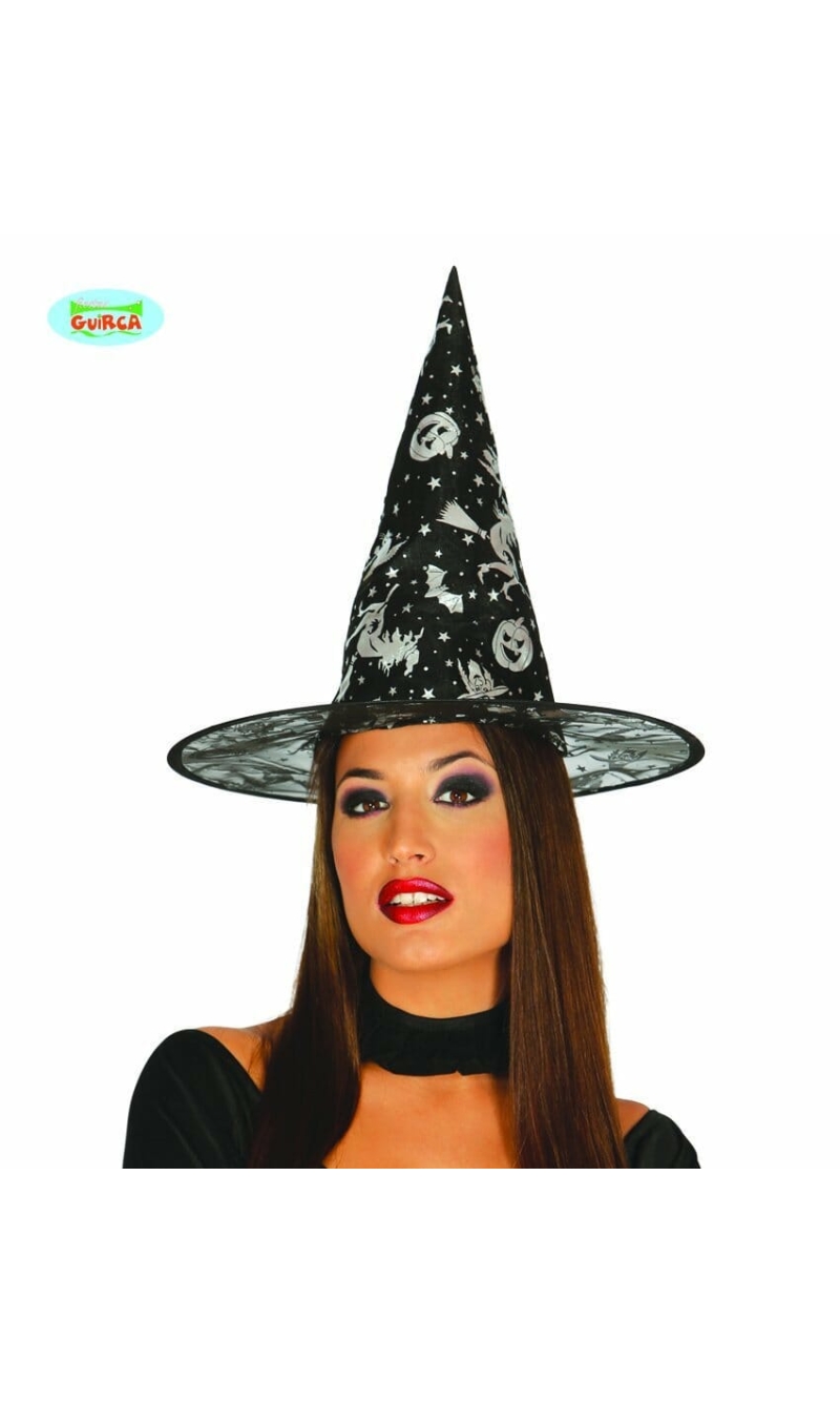 Witch Black Hat with Spider Print - 40cm