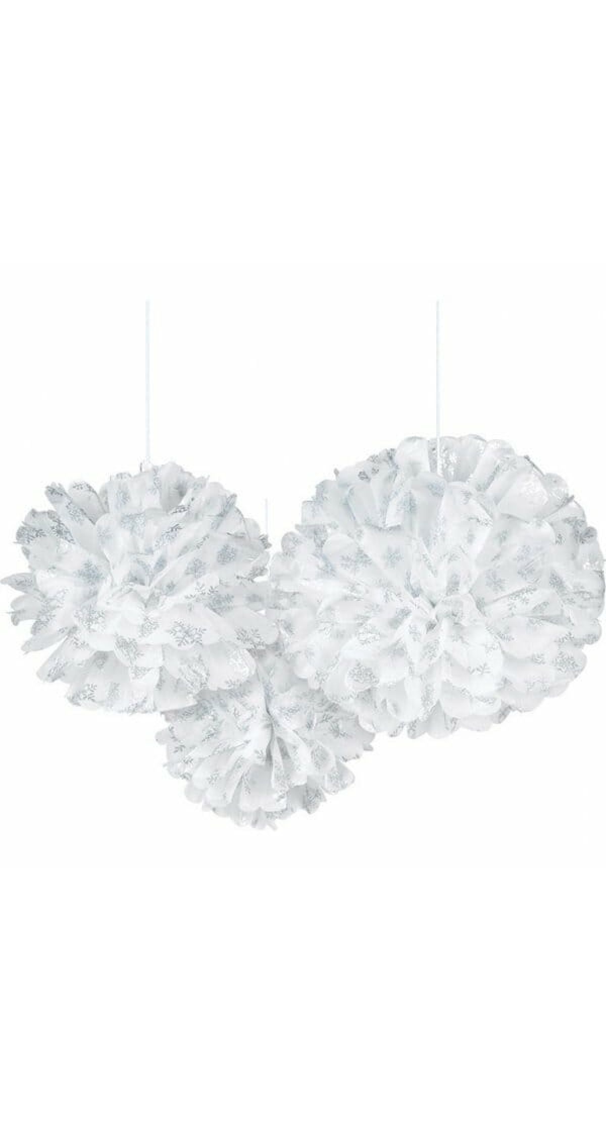 White Paper Fluffy Decorations with Snowflake Prints 40.6cm - 3pk