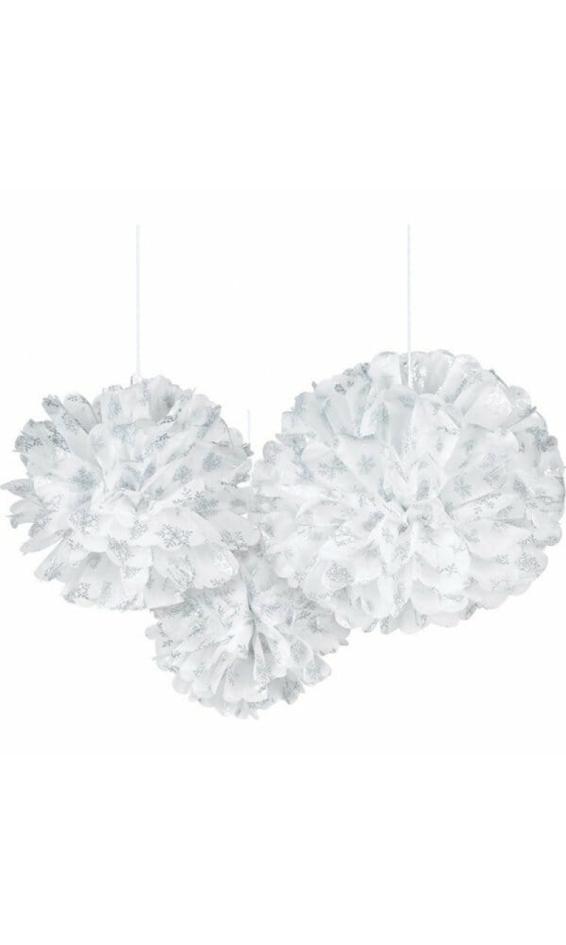 White Paper Fluffy Decorations with Snowflake Prints 40.6cm - 3pk