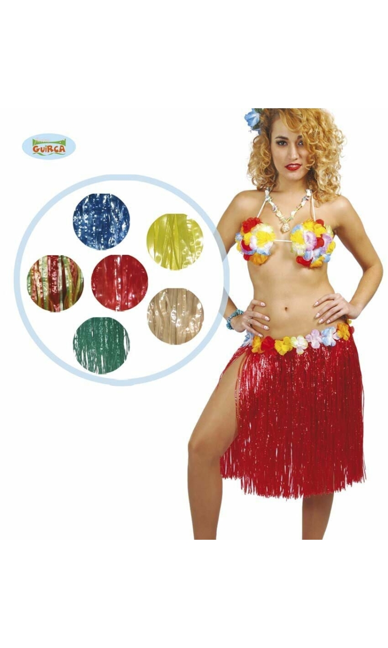 Hawaiian Yellow Hula Skirt With Flowers 55cm Long - Adult One Size