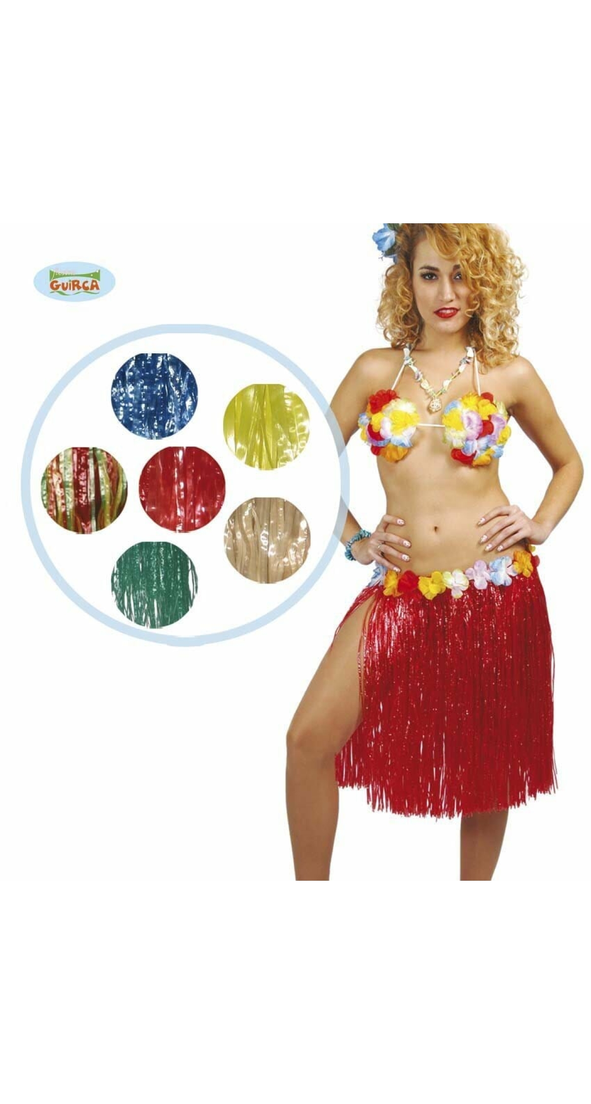 Hawaiian Blue Hula Skirt With Flowers 55cm Long - Adult One Size