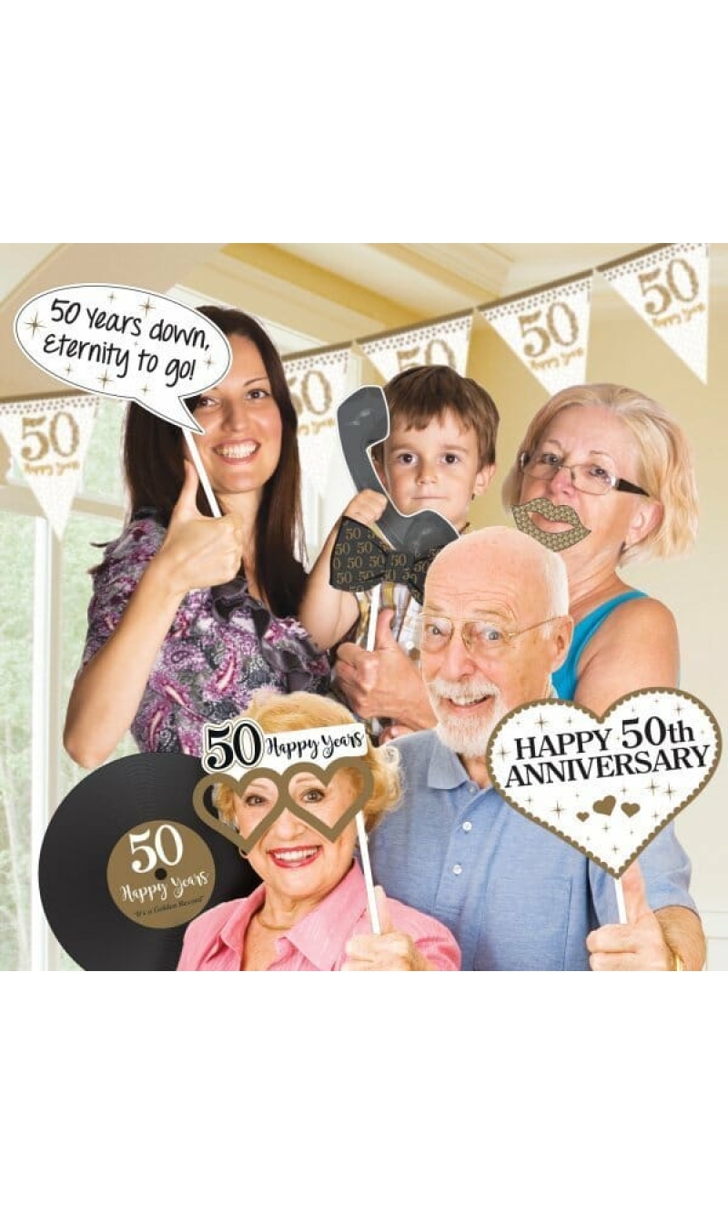 Photo Booth Kit Gold 50th Anniversary - 12pk