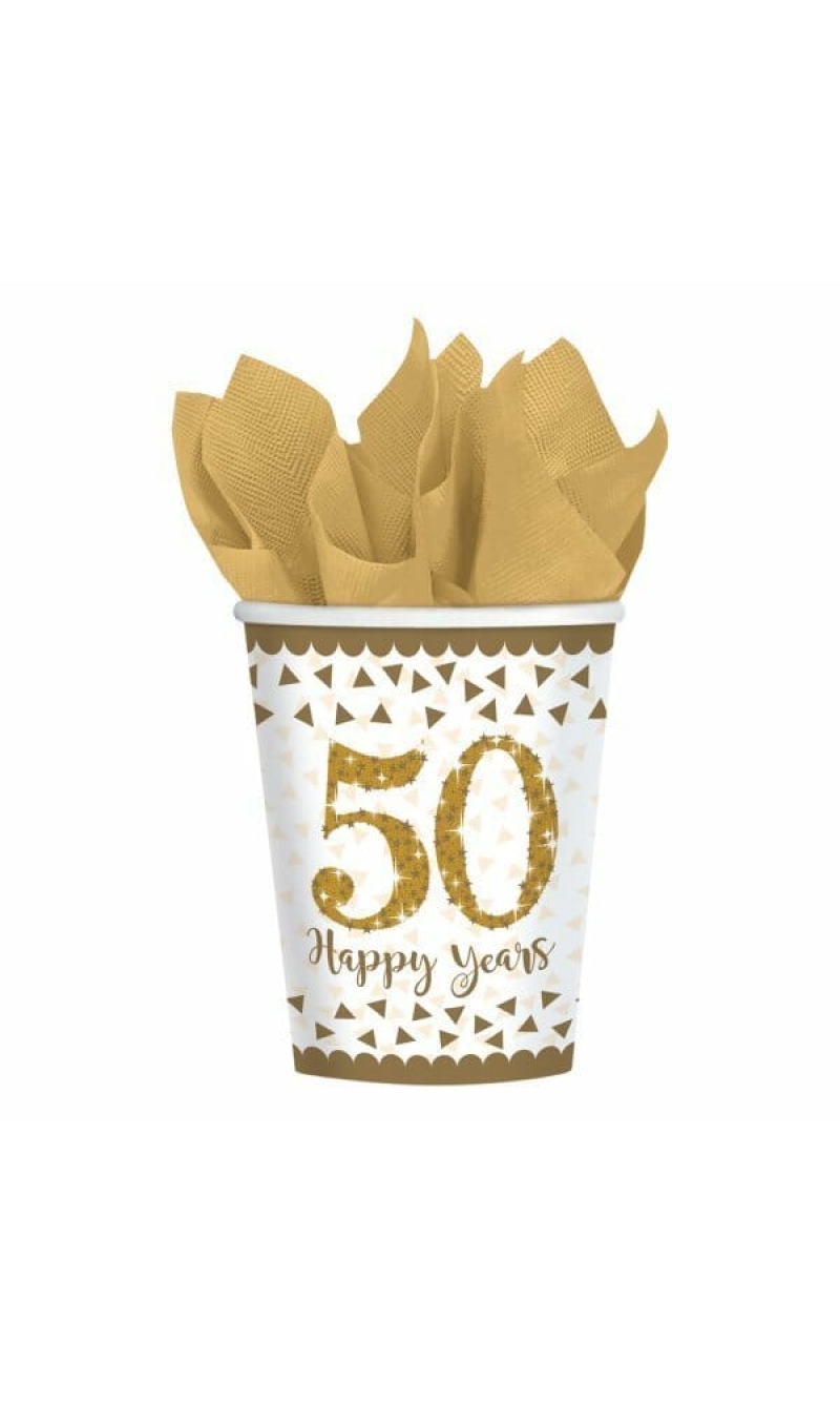 Gold 50th Anniversary Paper Cups 266ml -  8pk