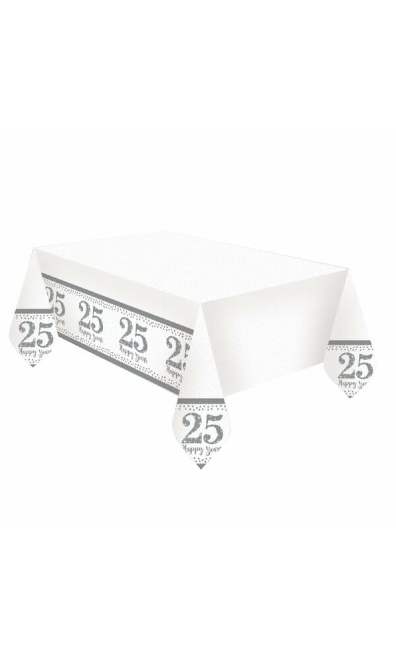 Silver 25th Anniversary Plastic Tablecover - 1.8m x 1.2m
