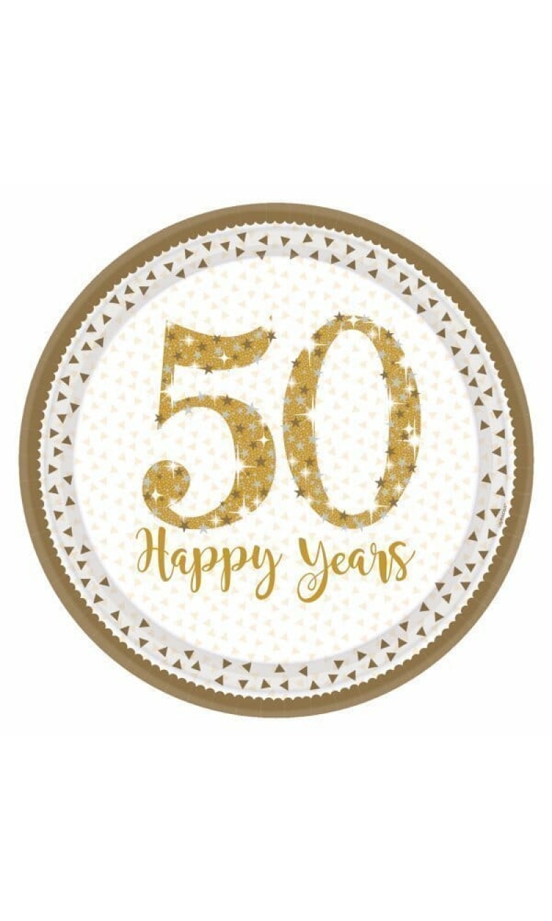 50th Gold Sparkling Wedding Anniversary 23cm Plates - 8pk