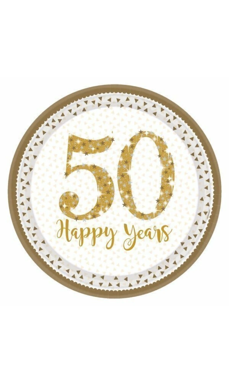 50th Gold Sparkling Wedding Anniversary 23cm Plates - 8pk
