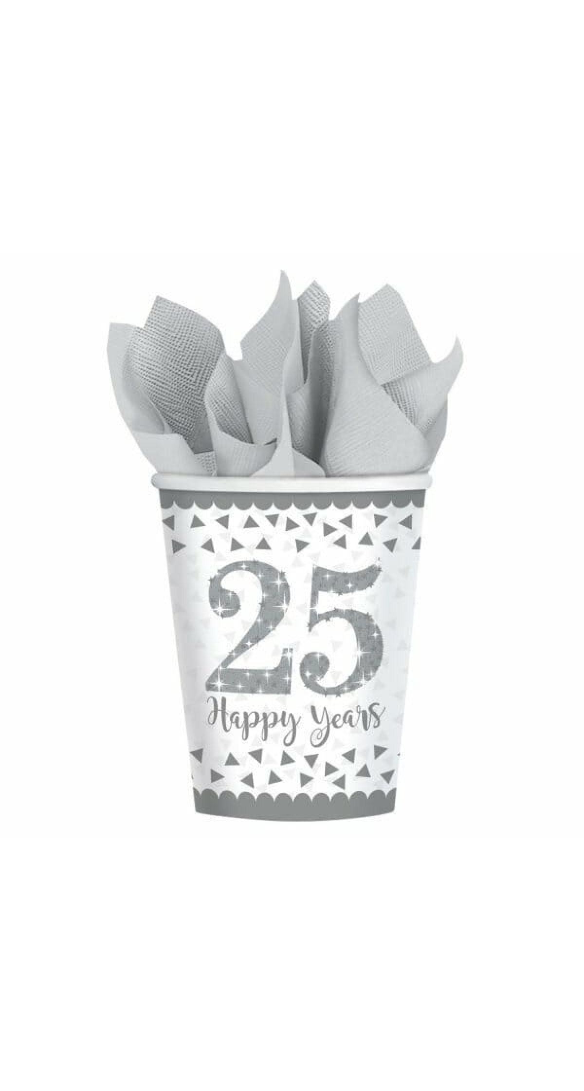 Silver 25th Anniversary Paper Cups 266ml - 8pk