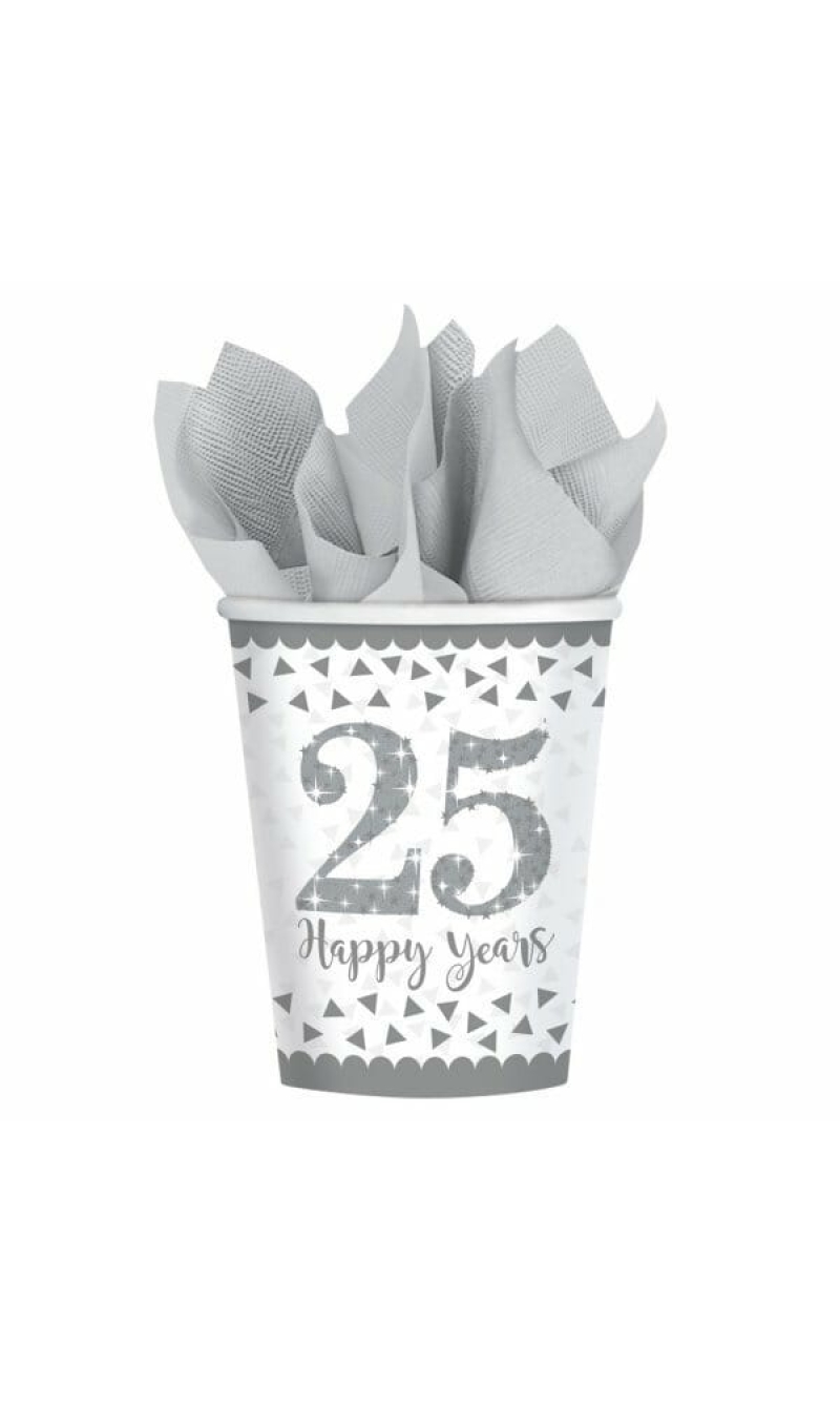 Silver 25th Anniversary Paper Cups 266ml - 8pk