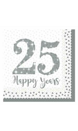 Silver 25th Anniversary Napkins 2 Ply 32.7cm x 32.7cm - 16pk