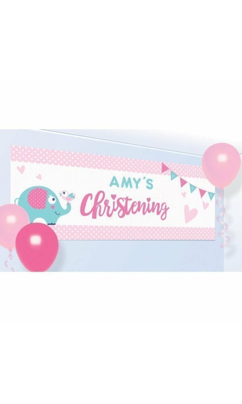 Baby Christening Day Pink Personalised Banner 120cm x 45cm