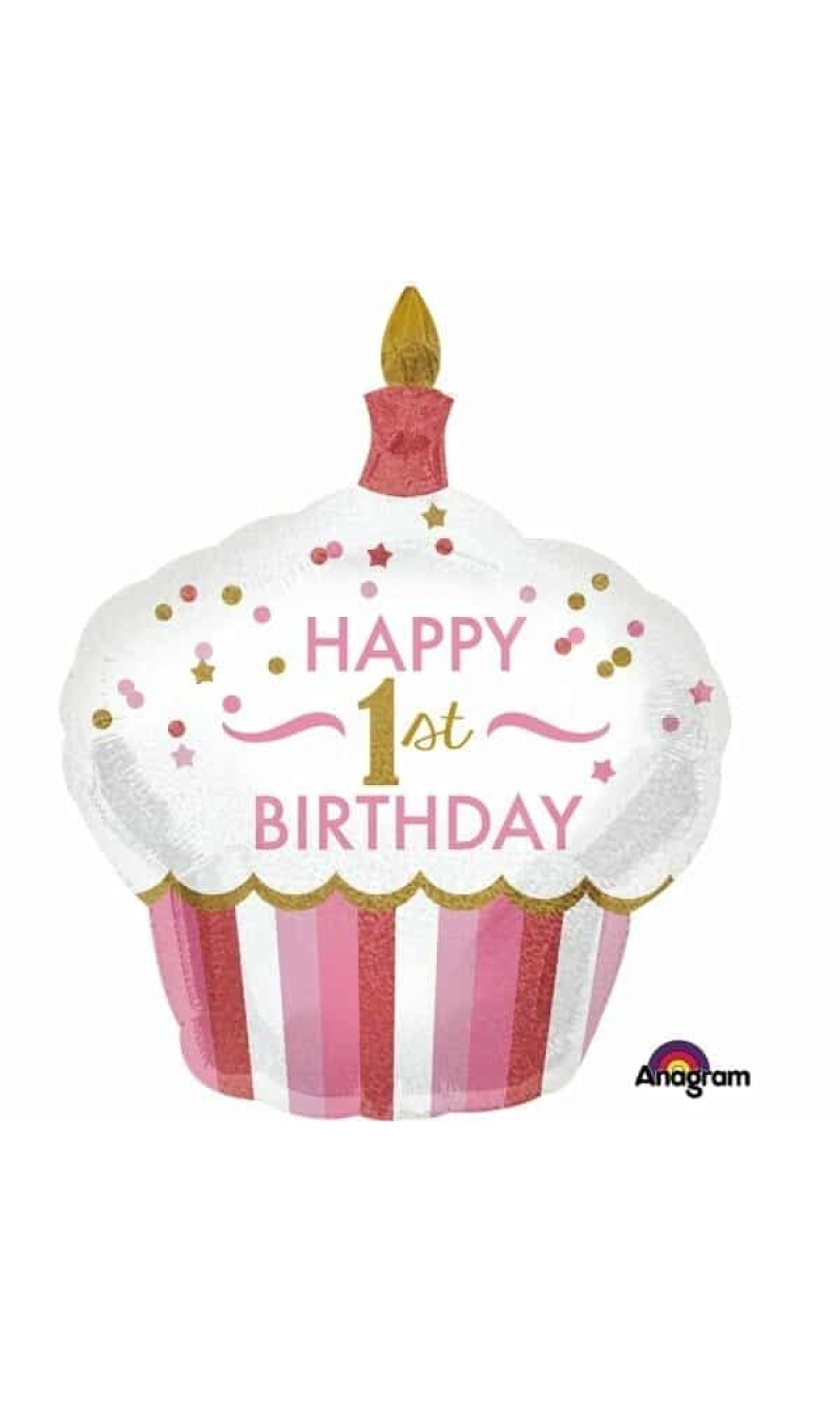 1st Birthday Girl Cupcake SuperShape Foil Balloon - 29'' x 36'' (73cm x 91cm)