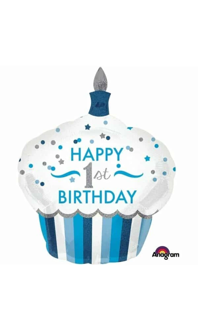 1st Birthday Boy Cupcake SuperShape Foil Balloon - 29'' x 36'' (73cm x 91cm)