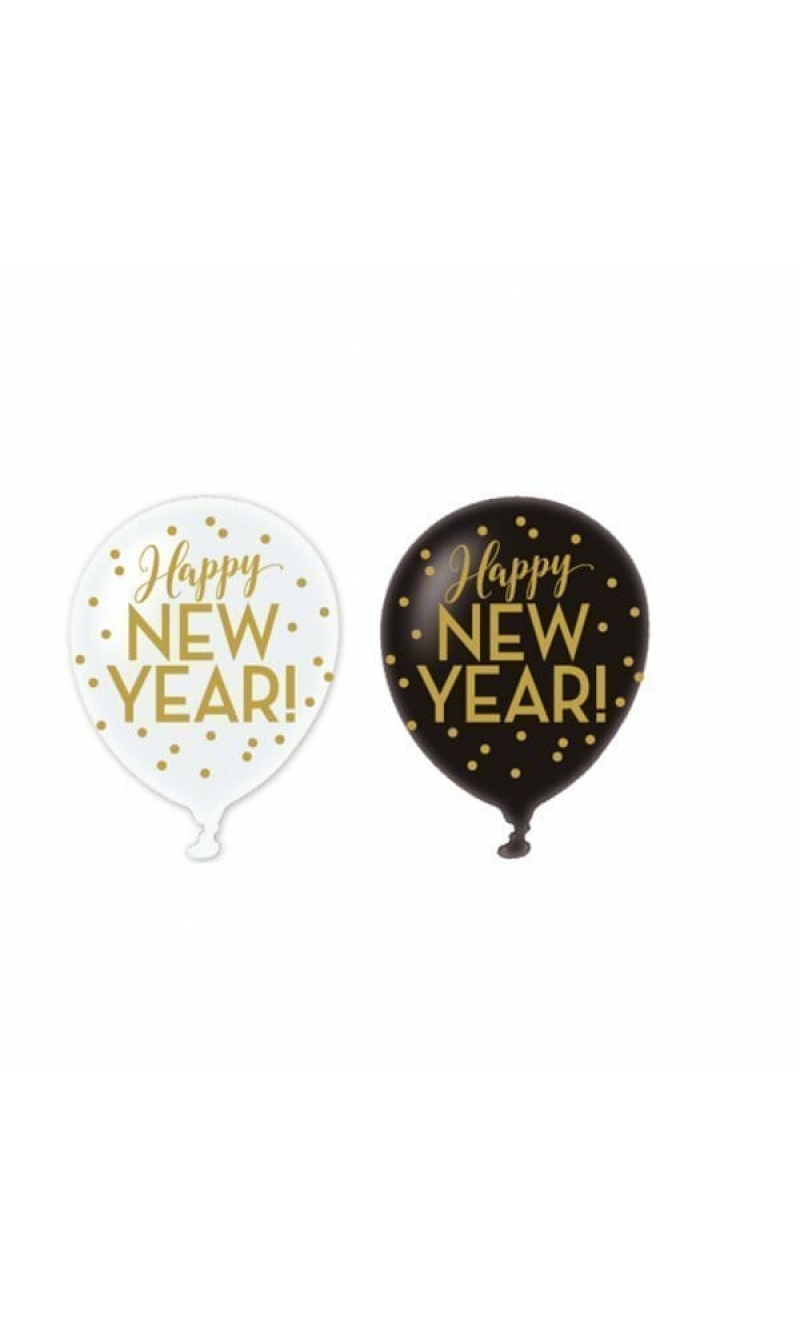 Happy New Year Assorted Gold/White/Black Latex Balloons 6pk 