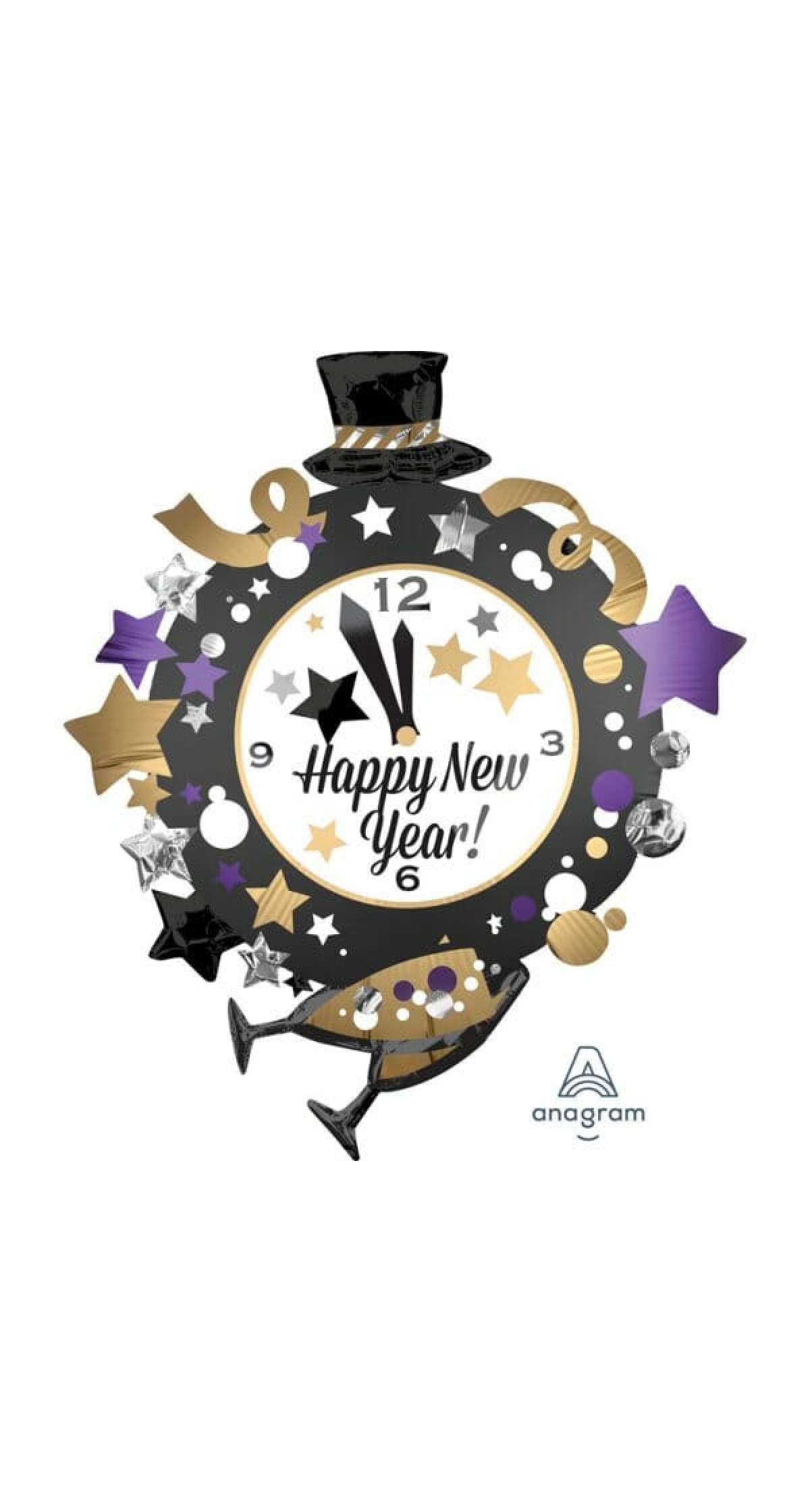 Happy New Year Clock SuperShape Foil Balloon - 76cm x 88cm