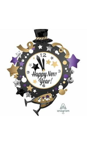 Happy New Year Clock SuperShape Foil Balloon - 76cm x 88cm