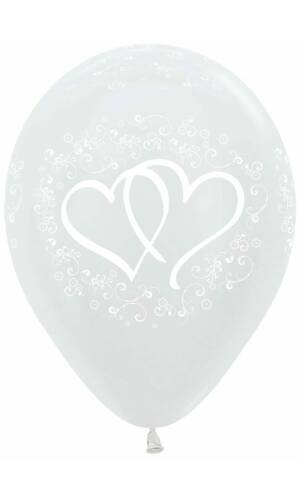 Satin Pearl White Printed Entwinted Hearts - 12" Latex Balloon