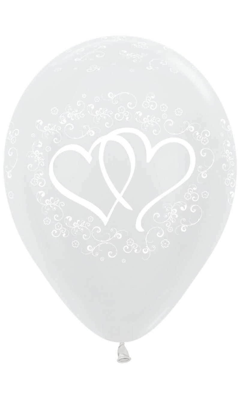 Satin Pearl White Printed Entwinted Hearts - 12" Latex Balloon