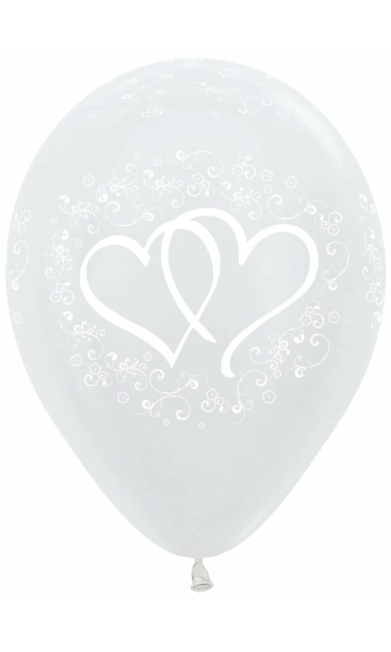 Satin Pearl White Printed Entwinted Hearts - 12" Latex Balloon