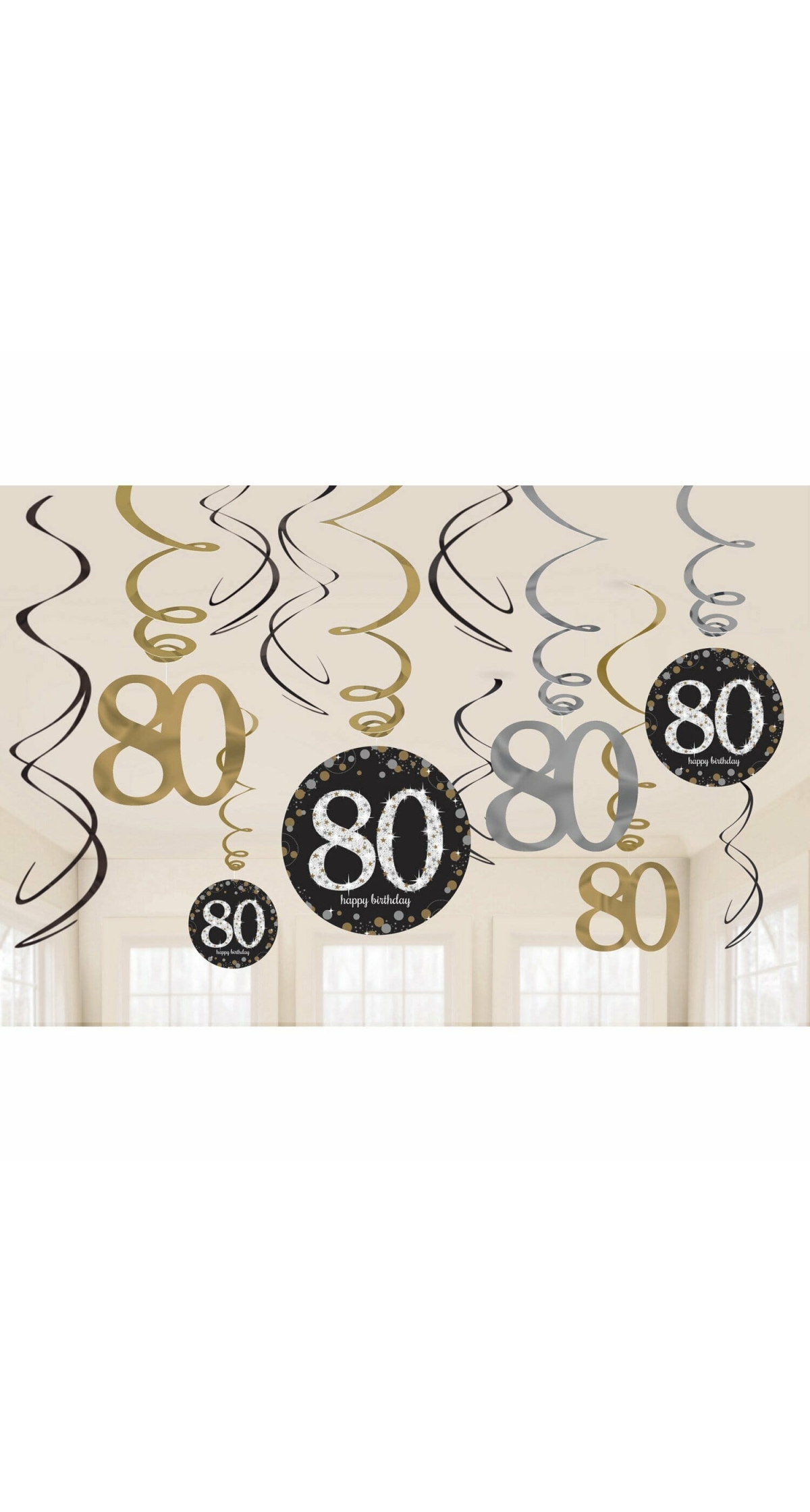80th Silver & Gold Sparkling Celebration Hanging Swirl Decorations - 12pk