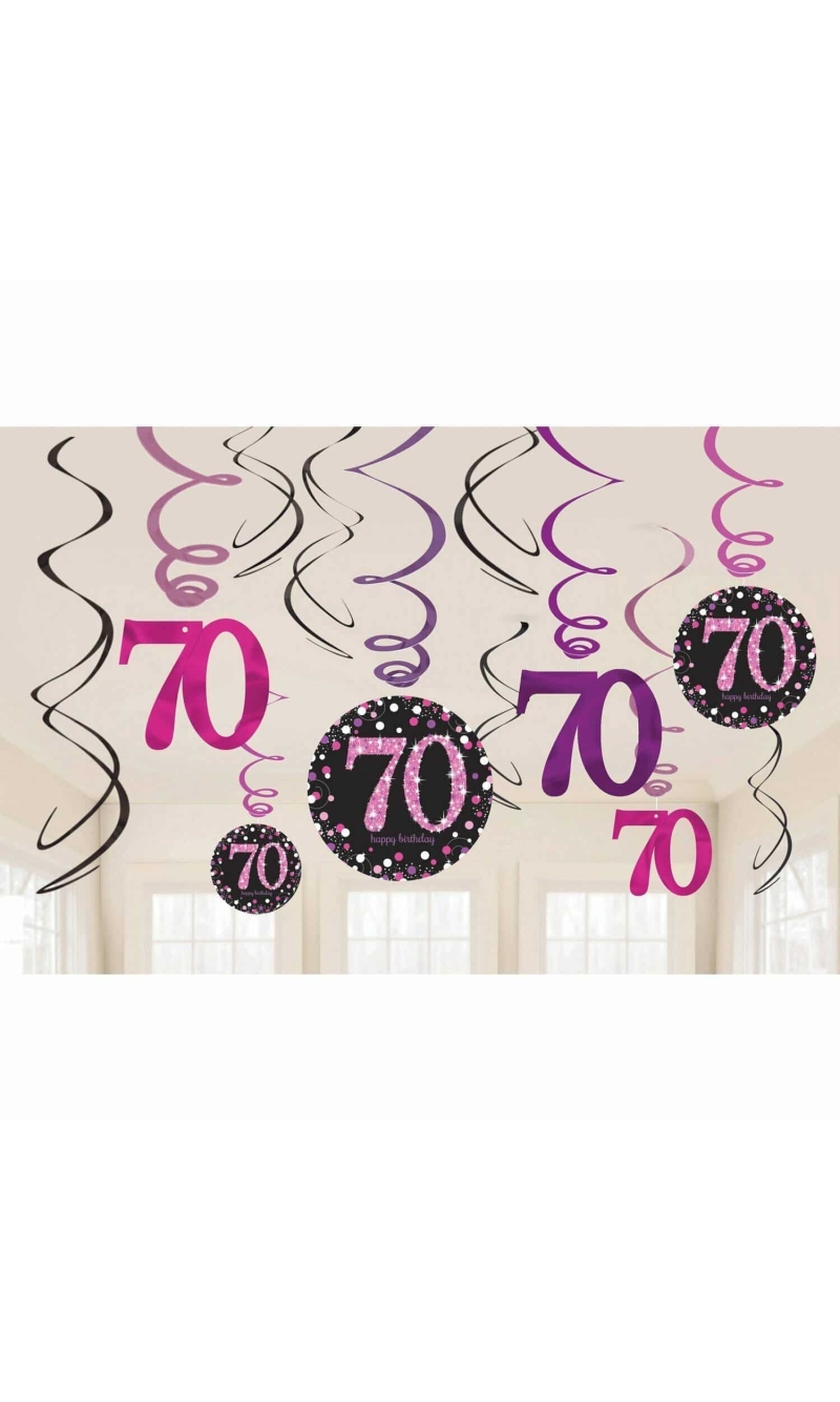 70th Pink Sparkling Celebration Hanging Swirl Decorations - 12pk