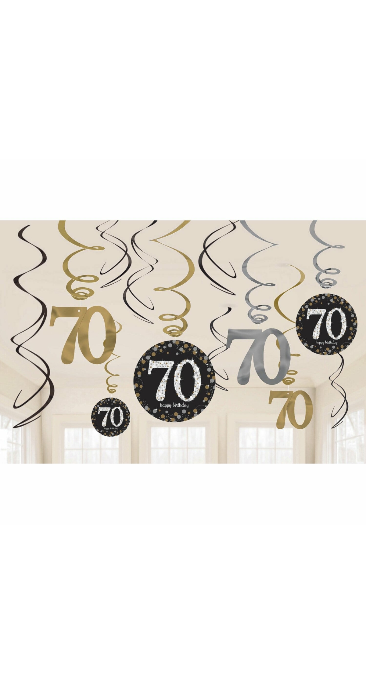 70th Gold Sparkling Celebration Hanging Swirl Decorations - 12pk