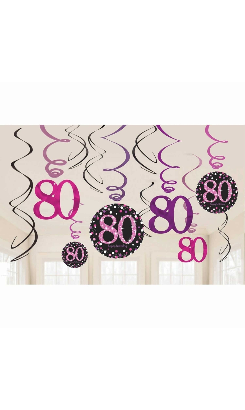 80th Pink Sparkling Celebration Hanging Swirl Decorations - 12pk