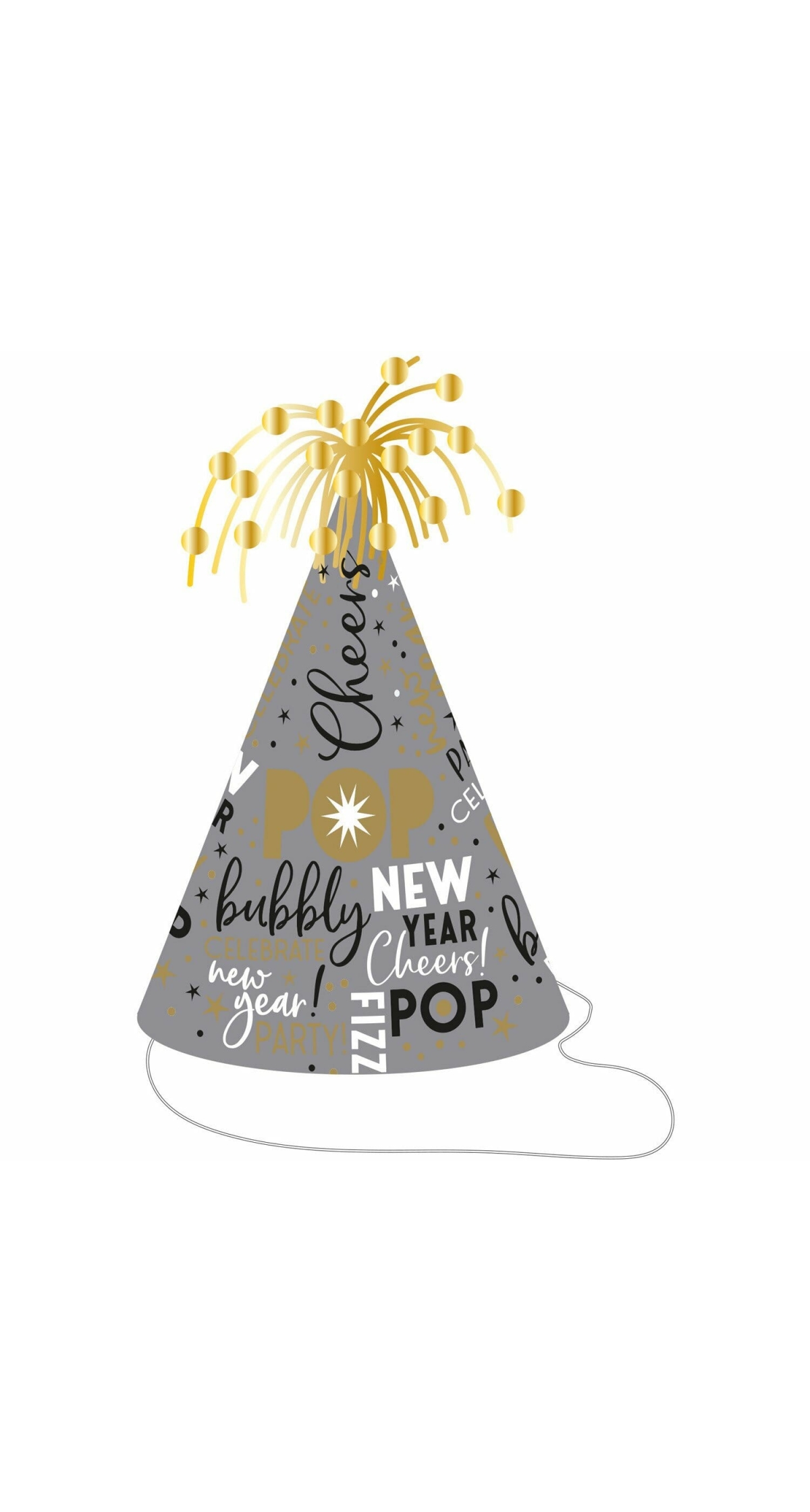 Happy New Year Tinsel Cone Hat Silver & Gold - Height 23.5cm