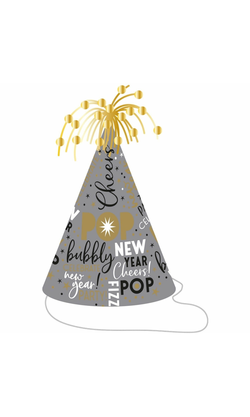 Happy New Year Tinsel Cone Hat Silver & Gold - Height 23.5cm