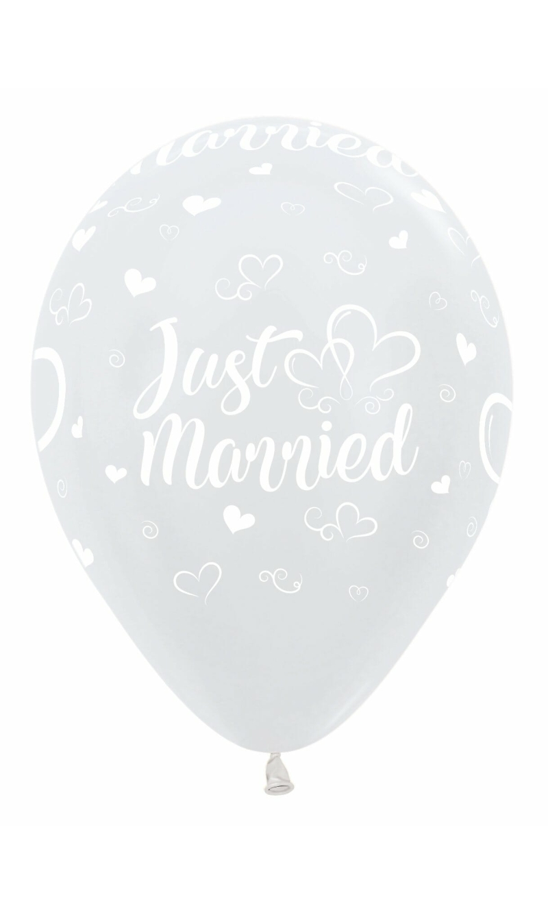 Satin Pearl White Just Married Hearts - 12" Latex Balloon
